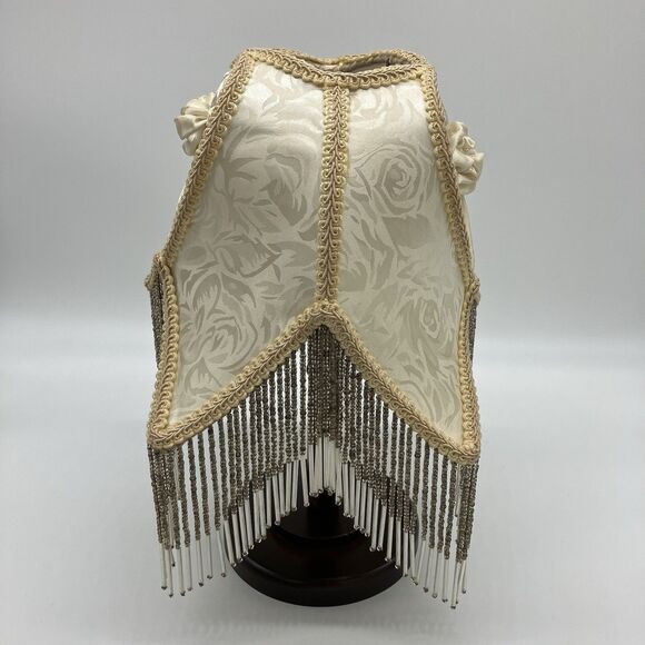 VTG Dale Tiffany Lamp Shade Cream Heart Glass Beaded Fringe Boudoir Romantic - Picture 3 of 16